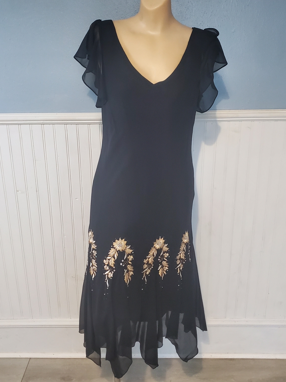 Vintage SL Fashions Black Floral Beaded Hankerchisf Hem Dress 12 Whimsigoth Midi